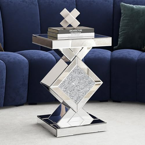 SHYFOY Beistelltisch, 40x40x60cm, Quadratischer Kaffeetisch Couchtisch mit Luxuriösen Kristall-Diamant-Akzenten, Spiegelfläche, MDF-Rahmen, Glas Sofatisch für Schlafzimmer, Wohnzimmer, Silber