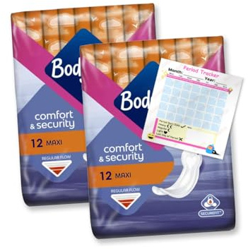 Bodyform Maxi 24 Sanitary Towels Bundle (2X 12) - Non-Wing, for Regular Flow, Triple Protection for Comfort and Absorbency, Including Period Tracker