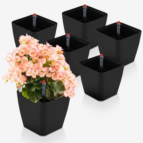 CPROSP 6pcs Pot à Réserve d'eau Interieur Noir, Pot de Fleur Auto Arrosage 13,7 * 13,5 cm, Bac à Fleurs Auto-Irrigation avec Jauge de Niveau