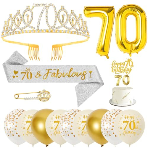 70. Geburtstag Frau Deko Set Gold, Krone Schärpe Ballons Set | Geburtstagsdeko zum 70. Geburtstag mit Krone, Schärpe, Ballons, Zahlenkerze 70 und Tortendeko für Frauen Party