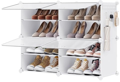 SONGMICS Schuhregal, Schuhschrank, für Garderobe und Eingangsbereich, anpassbar, 4 Fächer, für bis zu 16 Paar Schuhe, wolkenweiß-transparent LPC032W01