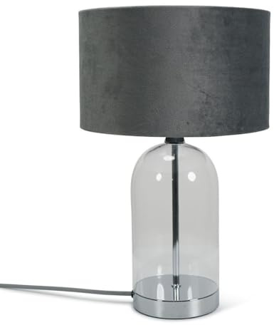 ValueLights | Glass and Silver Chrome Metal Table Lamp with a Grey Velvet Lampshade | Table Lamps, Home Décor & Improvement Essential | Includes Bulb [3000K Warm White]