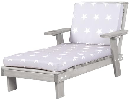 roba Chaise Longue pour Enfant avec Coussin Little Stars Déhoussable et Porte Gobelet - 1 Place Supportant Jusqu'à 50 kg - Bain de Soleil en Bois Gris Résistant aux Intempéries