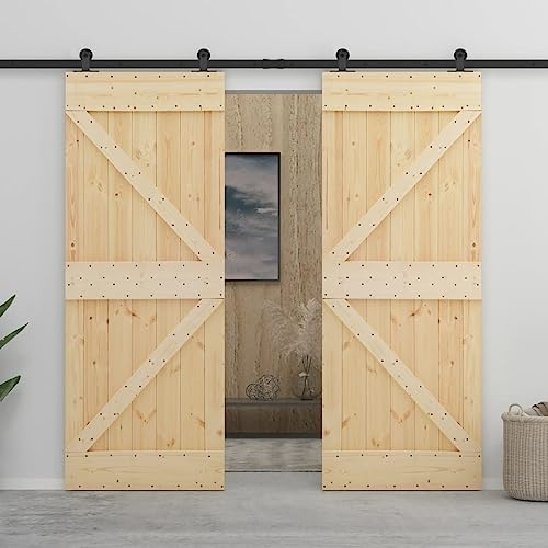 Baziroo Schiebetür mit Beschlag Schwarz 90x210x3,6 cm Massives Kiefernholz und Stahl Wood Door Scheunentor Holz Zimmertür Wohnzimmertuer Schiebetüren Innen Slide Door Schwebetüren Schiebetor