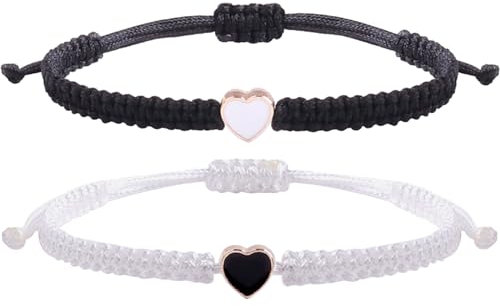 2pcs String Bracelet,Valentines Day Matching Heart Bracelets Set Handmade Woven Bracelets Adjustable Rope Bracelets for Teen Girls Boy Couples Birthday Gifts (black and white)
