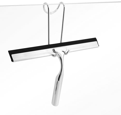 kowald Rasqueta limpiacristales - Acero Inoxidable Cromado - con Gancho y 1 Hoja de Silicona de Repuesto - para Ducha y Mampara Profesional - 25cm de Ancho
