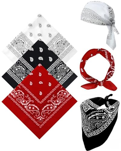 BPTRKOM 3 Stück Bandana- Bandana Kopftuch Damen und Herren, Bandanas mit Muster,Headwear Haar Schal Ansatz Handgelenk Kopf Biker(Schwarz+Rot+Weiß)