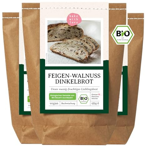 Bio Dinkelbrot Backmischung Feige Walnuss – 100 % Dinkel, ohne Weizen – fruchtig-nussiges Brot mit Walnüssen für Brotbackautomat & Ofen – Bake with Love - 3er Pack
