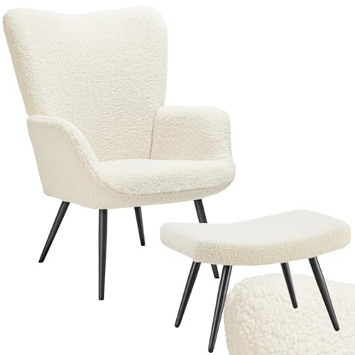tectake® Sillón Orejero Estilo Escandinavo, Butaca de Salón con Taburete, Tapizado en Tejido Bouclé, Sillón Lectura con Respaldo Ergonómico, Mueble de Salón, Topes en Patas, hasta 150kg - Crema/Negro