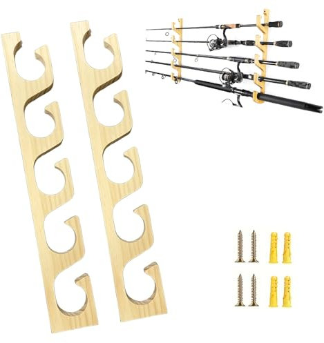 Generisch Angelrutenhalter, 1 Paar Horizontale Angelrutenhalterung Wandhalterung zur Aufnahme von 5 Ruten, Angelrutenhalter aus Holz Aufbewahrungsregale für Familie, Wand, Garage