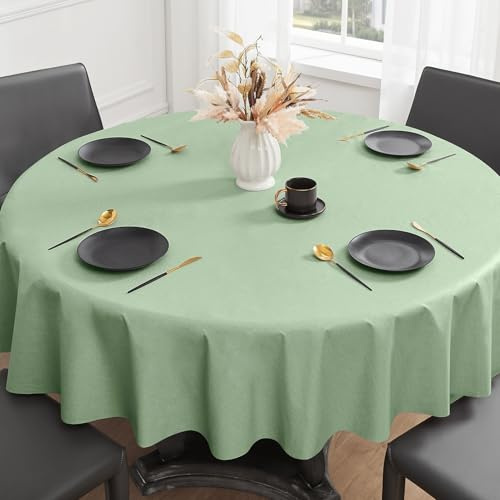 Romanstile Tovaglia cerata per esterni, rotonda, 100 cm, colore: verde, piccola, effetto lino, in PVC, impermeabile, tovaglia da giardino, resistente agli agenti atmosferici, tovaglia da tavolo per