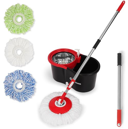 Simpli-Magic Spin mopp och hink med vridarsats, 360° snurrande mopphinksystem med 3 mikrofibermoppersättningshuvuden och rostfritt stål justerbart handtag för golvrengöring