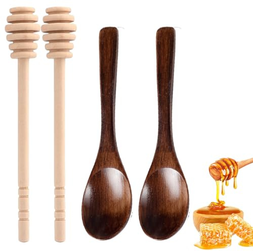 FENQURO 6 Pcs agitatori per Miele, cucchiai di Miele, cucchiai di Miele in Legno, agitatori per Miele con Sollevatore di Miele, Bastoncini di Miele a Spirale, agitatori con Bastoncini di Miele