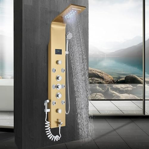 Modern LED Shower Panel Tower 6 Function Stainless Steel System with Waterfall Rainfall Hand Shower Jets Bath Spout and High Pressure Bidet Wall Mounted in Elegant Gold Finish