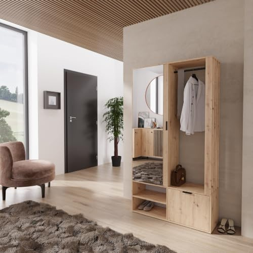 WFL GROUP Garderoben-Set mit Spiegel & Sitzbank – Kompaktgarderobe 100 cm mit Kleiderstange, Schuhablage, Stauraum – Links oder Rechts – Flurgarderobe für Diele, Eingang – Artisan Eiche – Lena