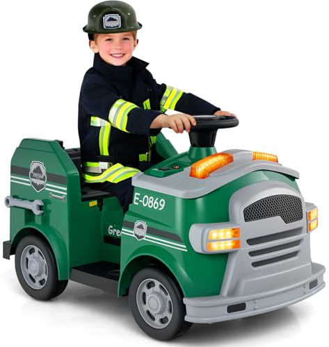 GOPLUS Coche de Bomberos para Niños 12V 7Ah, Coche de Bomberos a Batería con Pala, Extintor, Escalera, Casco de Seguridad, Coche Eléctrico con Luz de Advertencia, Música, para 37-60 Meses (Verde)