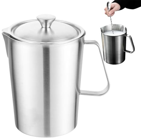 Jarra de leche de acero inoxidable, 2 l, vaso medidor de acero inoxidable con tapa, jarra de leche para de leche capuchino, con cocinas de inducción y llama abierta