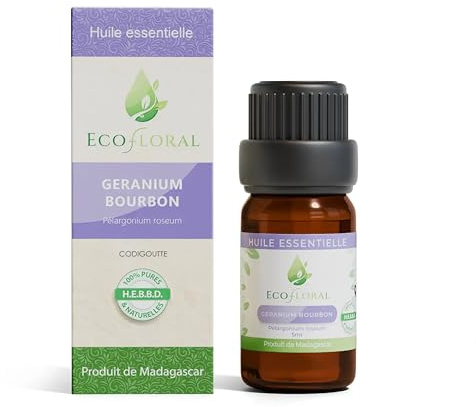 Ecofloral Huile Essentielle Géranium Bourbon de Madagascar - 100% Pure et Naturelle HEBBD Sans Aucun Ajout - Antiseptique, Anti-inflammatoire et Équilibrante - Idéale pour Diffusion et Massage - 5 ml