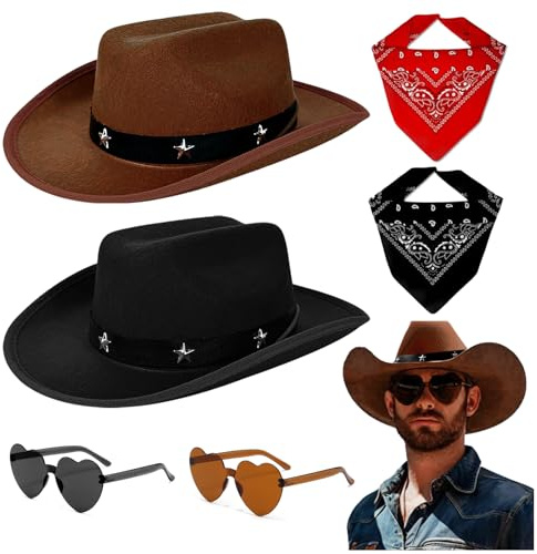 6 Pezzi Set di Accessori per Costume da Cowboy Occidentale, Costume da Cowboy per Uomo Cosplay con 2 cappello da cowboy 2 Forma di Cuore Occhiali da Sole 2 Bandana per Carnevale Fancing Cosplay