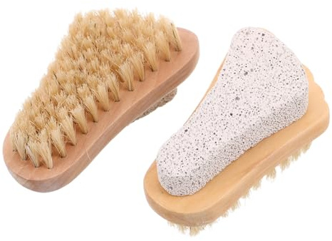 Bimsstein Fußpeeling mit Holzgriff und Borsten, 2 Stück | Pediküre und Nagelreinigung, Fußform, Portable Ausführung, zur Hornhautentfernung