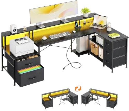 VERMESS L Shaped Desk with 5 abric Drawer, 74 Computer Corner Desk with Power Outlet, Gaming Desk with Led Lights, Home Office Table with Storage Shelves & File Drawer, Carbon Fiber, Black