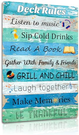 Deck Rules Outdoor Metal Sign - Backyard Patio Aluminum Plaque with Entertaining Guidelines 8x12 Inch (2566)