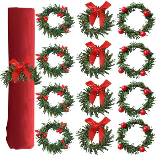 MUNSKT 12 Stück Serviettenringe, Serviettenhalter Weihnachten mit Stechpalmenbeerenranken und Schleifenmotiven, für die Weihnachtliche Tischdekoration, Tischaccessoires