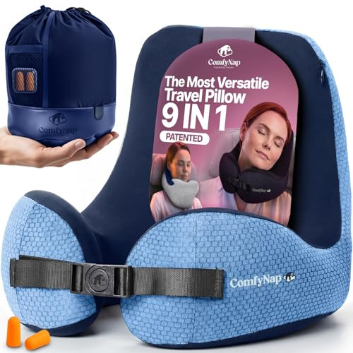 ComfyNap® Versatile Travel Neck Pillow for Airplane [Patented], 9 Positions in 3 Techniques, Plane Pillow with Pure Memory Foam, Travel Pillow with HeadRest Flight Sleep, Travel Essential - Zeus