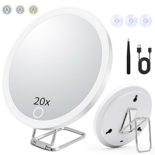 Yeecka Vergrößerungsspiegel mit Licht, Reise-Schminkspiegel mit 3 farbigen Lichtern, 20X Faltbarer Makeup-Spiegel, Dimmbarer Schminkspiegel für Schminken Gesichtspflege und Rasieren,Weiß,6 Zoll