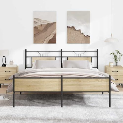 Hoopleep Sonoma ek metall plattform sängram, 183 x 213 cm Queen Size, robust stål slots, hållbart headset & fotboll, under säng förvaring, ingen låda Spring Needed