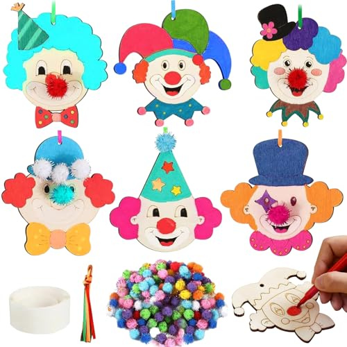 Ntwdby 12 Stück Holz Clown Bastelnset, Bastelset Clown Deko Karneval, Clown Basteln zum Bemalen mit 100pcs Bommeln, Karneval Tischdeko, für Fasching Karneval Mottoparty Geburtstag Mitgebsel