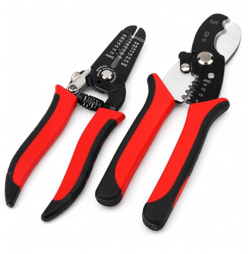 2-Piece Wire Strippers, 7 & 8 Inch Cable Cutting and Stripping Pliers | 10-22 AWG Markings; Metal Bodies And Non-Slip Grips; Spring-Return Precision Pliers; For Electrical Repairs And Workshops