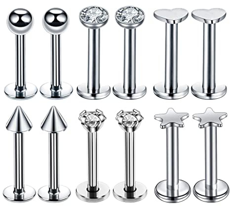 ZPGVWXKO 12 Stück 16G 316L Edelstahl CZ Labret Lippenringe Stecker Nase Ohrschmuck (3 Farben Zur Auswahl), Silber