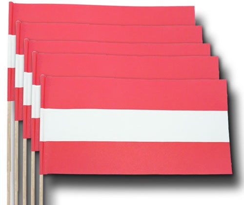 10 Österreich Fähnchen am Holzstab - Papier Flaggen (23x12cm) doppelzeitig Bedruckt, mit Holzstäbchen (38-40 cm), Tischdeko, Partydeko, Fanartikel, Qualitäts-Fahnen Made in Austria