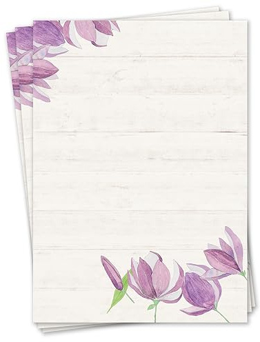 Set di carta da lettere motivo tulipano I 50 fogli 90 g/m² DIN A4 I carta da lettere elegante versatile viola beige I certificato di compleanno menu I dv018