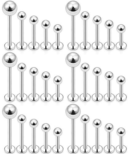 Dyknasz 30PCS 16G Surgical Steel Labret Studs Monroe Lip Rings Cartilage Tragus Nail Conch Helix Earring Barbell for Women Men Piercing Jewelry 6mm 8mm 10mm 12mm Silvertone