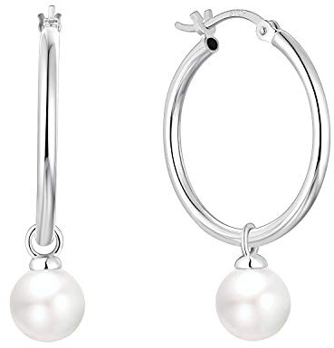 JO WISDOM Perlenohrringe Silber 925 15MM Creolen Hängend Ohrringe mit 10MM Weiß Perlen,Schmuck für Frauen