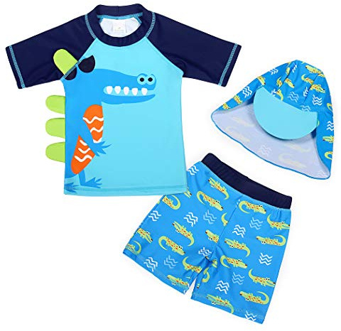 Swimming Costume Boys Kids Two Piece Swimsuit Rash Guard with Sun Cap 2-3Y