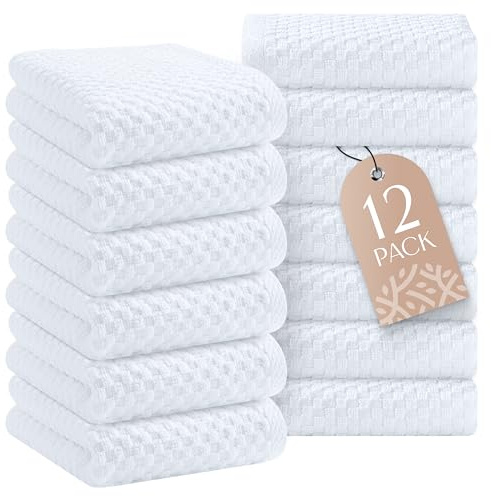 Wealuxe Super Absorbent Kitchen Towels 12 Pack - Premium 100% Cotton Kitchen Towels, 450GSM Thick Machine Washable White Dish Towels for Kitchen Drying, Cleaning, Dobby Weave, Unmatched Quality