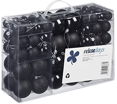 Relaxdays Weihnachtskugeln, 100er Set, Weihnachtsdeko, matt, glänzend, glitzernd, Christbaumkugel ∅ 3, 4 & 6 cm, schwarz
