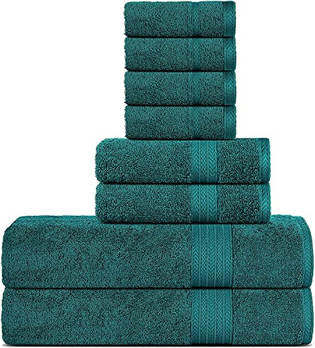 Sweet Needle Set di asciugamani di lusso in cotone - 2 asciugamani da bagno, 2 mani e 4 lavamani/viso - 500 g/mq, doppie cuciture, orlo resistente, verde acqua (8 pezzi)