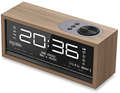 Inscabin C1 DAB/DAB+ FM Digital-Radiowecker mit großem Bildschirm, tragbarer kabelloser Lautsprecher mit Bluetooth, Stereo-Sound, schönes Design für Schlafzimmer, Küche, Büro (Black Walnut)