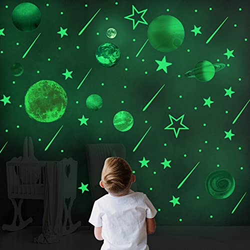 Leuchtsterne Selbstklebend Kinderzimmer, CAYUDEN Grünen Sonnensystem Leuchten Im Dunkeln Planeten Wandaufkleber Deckendekorationen Leuchtende Aufkleber Wandtattoo Kinderzimmer Jungen Mädchen Kinder