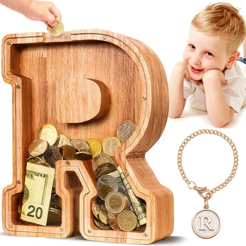 summidate Spardose Kinder Holz, Personalisierte Buchstabe Sparschwein R | Spardose Holzbuchstaben für Mädchen Jungen Initiale, Sparschwein Geschenk zum Geburtstag, Weihnachten und Kinderzimmer Deko