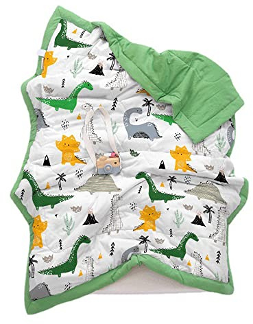Chickwin Bambino Trapuntino Copriletto Singolo, Coperta Estivo Trapunta Trapuntato in Animale Frutta Stampa Reversibile Coperta Letto Leggera per Camera da Letto (Dinosauro Verde,120x150cm)