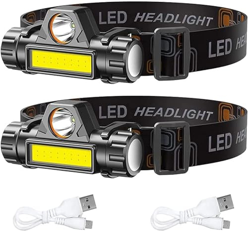 Torcia frontale a LED ricaricabile, luce anteriore testa ad alta potenza portatile con angolo regolabile e impermeabile, escursioni o ciclismo, (2 torce elettriche)
