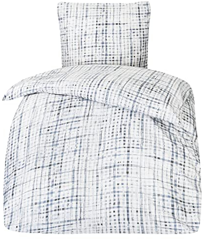 Moon Juego de ropa de cama de franela, 135 x 200 cm + 80 x 80 cm, con cremallera, a cuadros azul