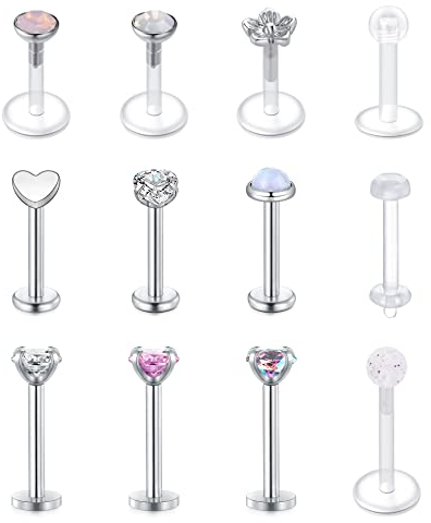 WillTen 16G Tragus Piercing Lippenpiercing Labret Stecker Chirurgenstahl bioflex 6-10mm Herz Stab mit Zirkonia Helix Ohr Piercing 12Stück