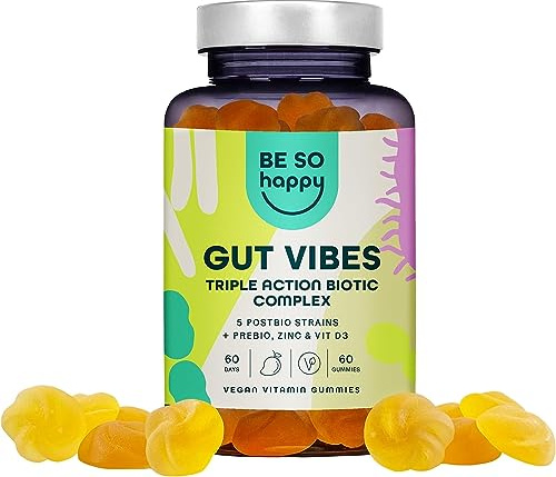 Prébiotiques et Postbiotiques Intestinaux | 60 Gummies | Pour la Flore Intestinale et la Digestion | Complexe Biotique avec Zinc et Vitamine D3 | Végétalien, sans Gluten et sans Lactose