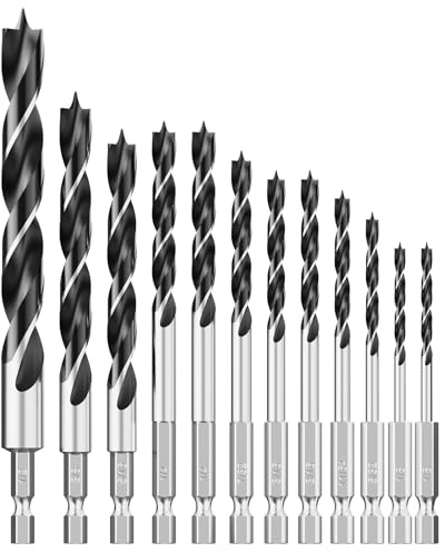 MACXCOIP Brad Point Wood Drill Bit Set, 12Pcs Hex Shank Drill Bit Set with Double Flutes Design for Carpenter Woodworking and All Types of Wood (1/8 - 1/2)